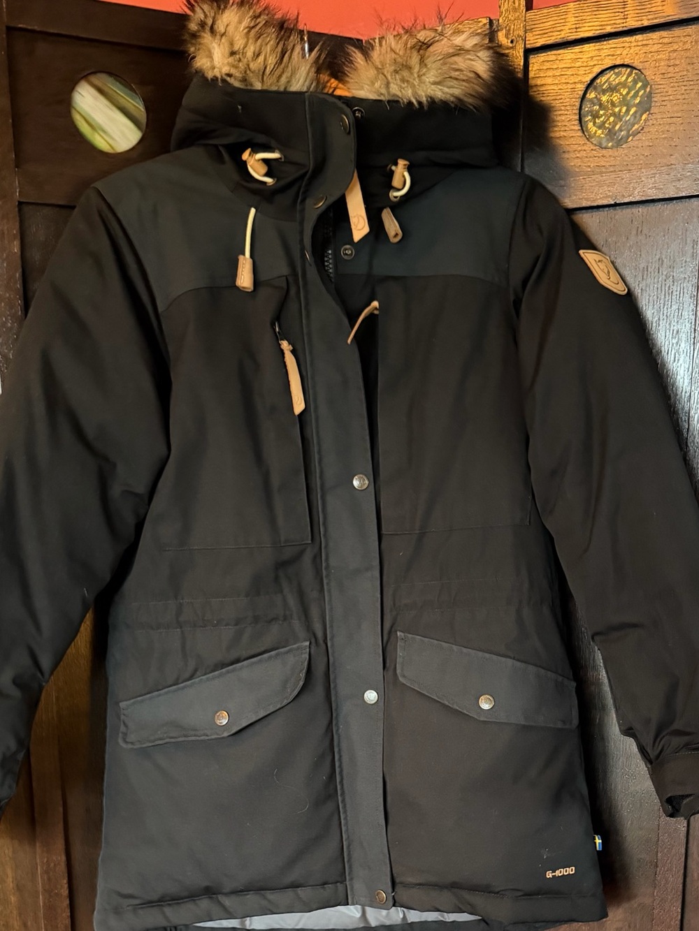 Fjallraven Singi Down Jacket Black Women's Parka Coat with Faux Fur Hood